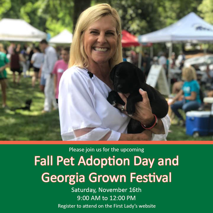 First Lady Marty Kemp is hosting a Fall Pet Adoption Day and Georgia Grown Festival at the Governor’s Mansion on November 16th from 9am to 12pm.